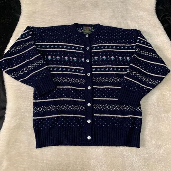 Charter Club Justin Womens Medium Blue Button Down Cardigan Wool Floral‎ Sweater - Picture 1 of 6